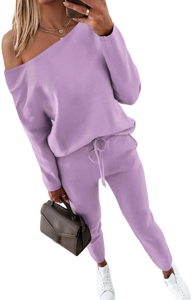 CHICME Women Tracksuit Fall 2 piece Outfits Off The Shoulder Long Sleeve Tops and Pants Set Travel Outfits