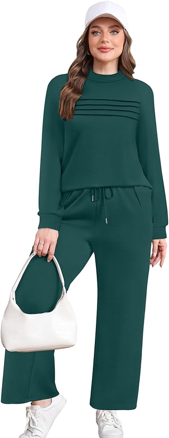 WIHOLL Two Piece Sets for Women Spring Travel Vacation Outfits 2026 Long Sleeve Lounge Sets Side Slit Wide Leg Pants S-3XL