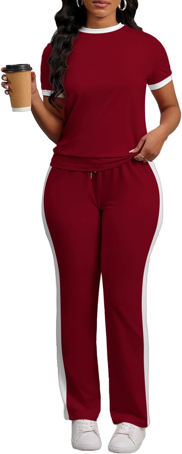 PINSV Women's 2 Piece Outfits Short Sleeve Tops Sweatpants Colorblock Bodycon Lounge Sets Tracksuit