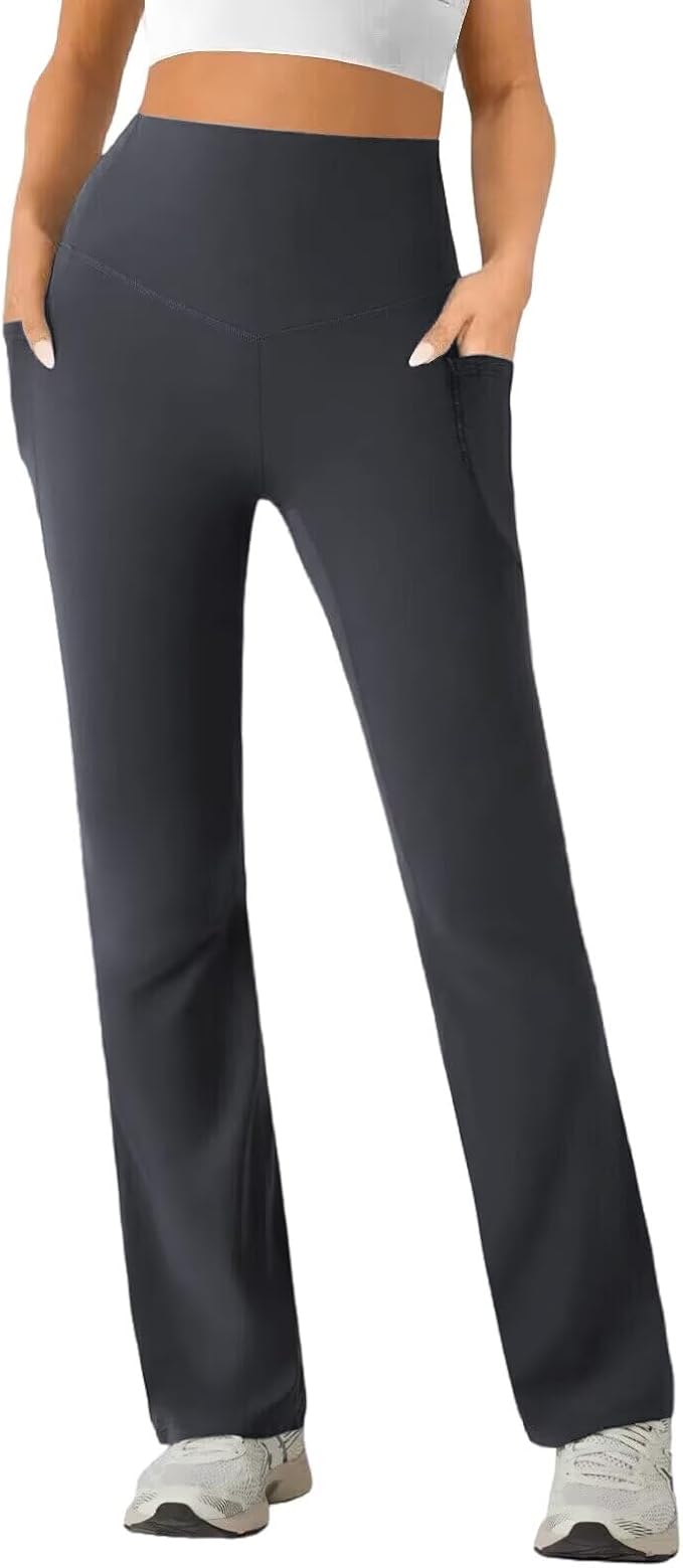 Womens High Waist Yoga Pants Stretchy Casual Trousers Straight Leg Pull On Side Pockets