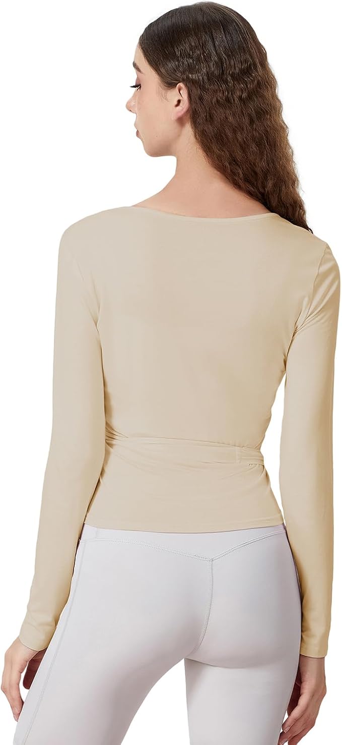 Women Ballet Wrap Top Long Sleeve Self Tie Dance Shirt Pilates Yoga Tops Y2k Workout Active Blouses