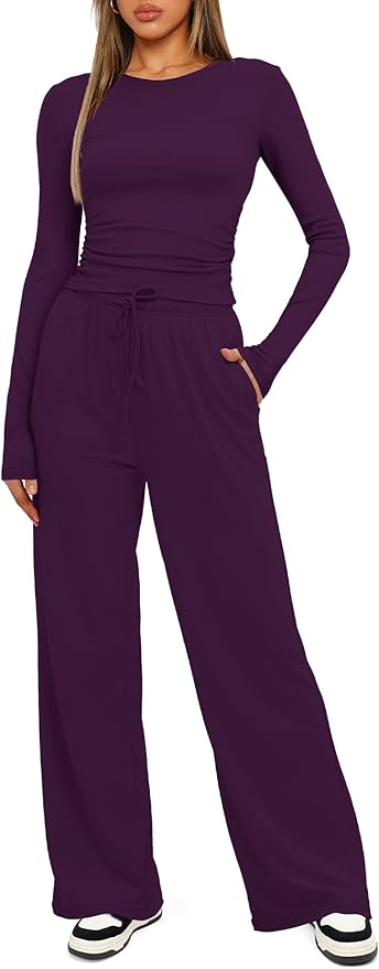 Darong Women's 2 Piece Outfits Lounge Sets 2026 Long Sleeve Tops Wide Leg Pants Casual Matching Set