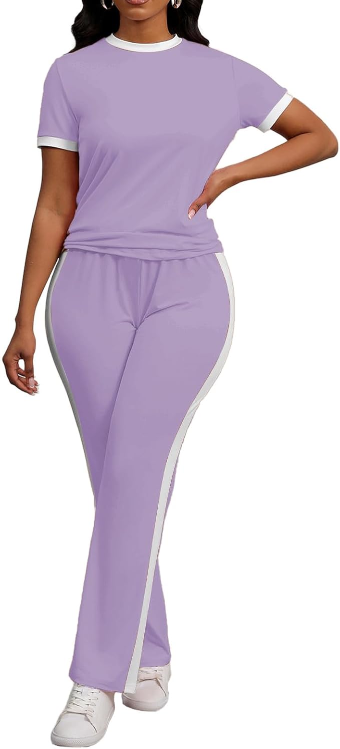 PINSV Women's 2 Piece Outfits Short Sleeve Tops Sweatpants Colorblock Bodycon Lounge Sets Tracksuit