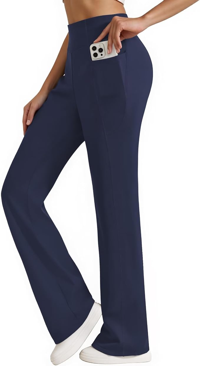 Womens High Waist Yoga Pants Stretchy Casual Trousers Straight Leg Pull On Side Pockets