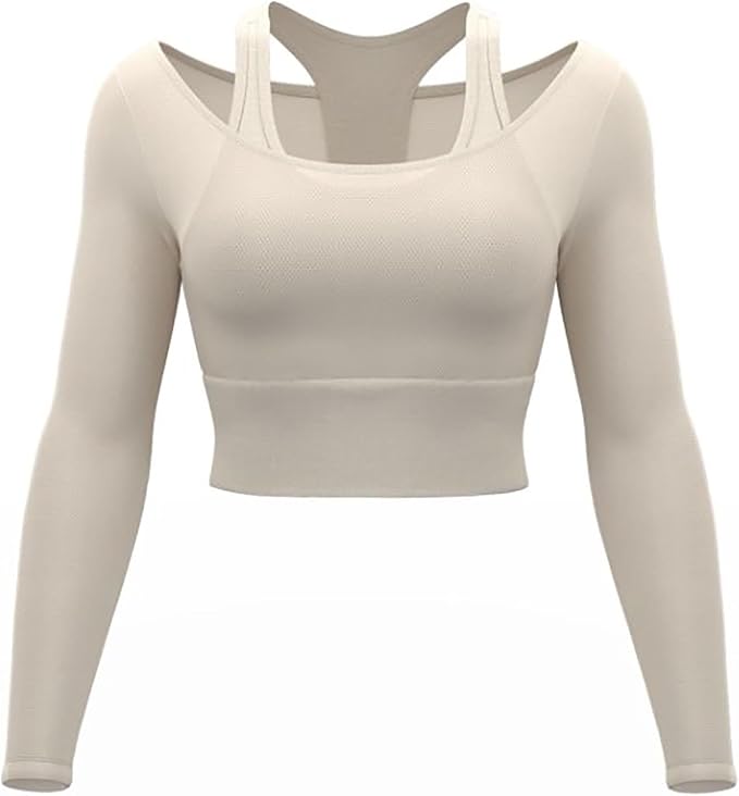 Women's 2 in 1 Yoga Long Sleeve Mesh Gym Athletic Tops Stretch Workout Pilates Shirts with Comfortable Sports Bra