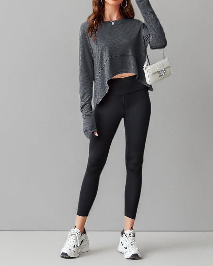 Aurgelmir Womens Long Sleeve Cropped Tops Loose Workout Athletic T-Shirts Flowy Sweatshirt for Yoga Tiered Hem Gym Tees