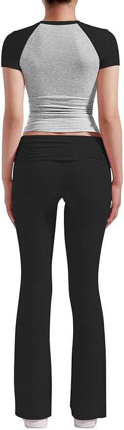 ZFLM Casual Workout Two Piece Outfits for Women Short Sleeve Crop High Waist Foldover Flare Pants Tracksuit Sets Streetwear