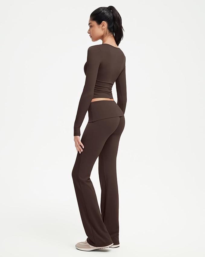 SUUKSESS Women 2 pieces Lounge Sets Long Sleeve V Neck Tops Fold Over Flare Leggings