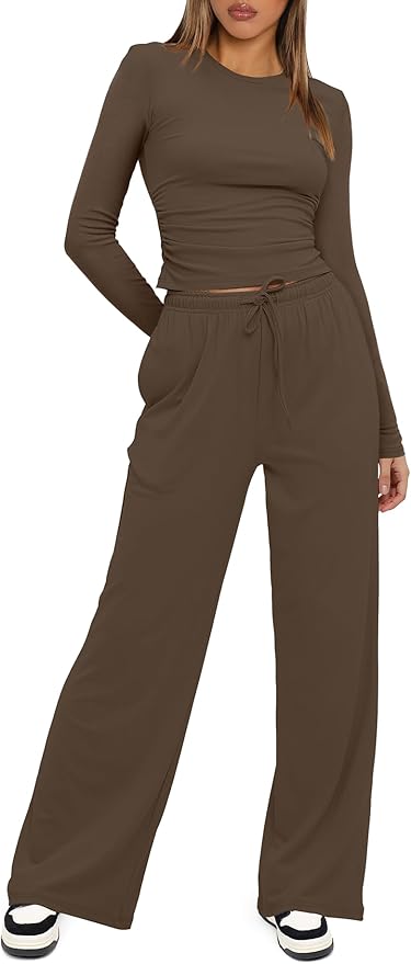 Darong Women's 2 Piece Outfits Lounge Sets 2026 Long Sleeve Tops Wide Leg Pants Casual Matching Set
