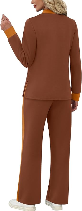 WIHOLL Two Piece Sets for Women Spring Travel Vacation Outfits 2026 Long Sleeve Lounge Sets Side Slit Wide Leg Pants S-3XL