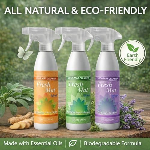 Fresh Mat Yoga Mat Cleaner Spray - Natural Deodorizing Cleaner for Yoga Mats & Fitness Equipment - No-Rinse, Residue-Free Formula with Witch Hazel & Essential Oil, Soothing Sage Cedarwood (12 fl oz).