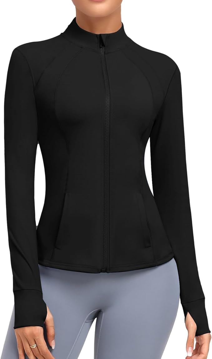 Women's Athletic Full Zip Lightweight Workout Jacket With Pockets Running Slim Fit Yoga Sportwear With Thumb Holes