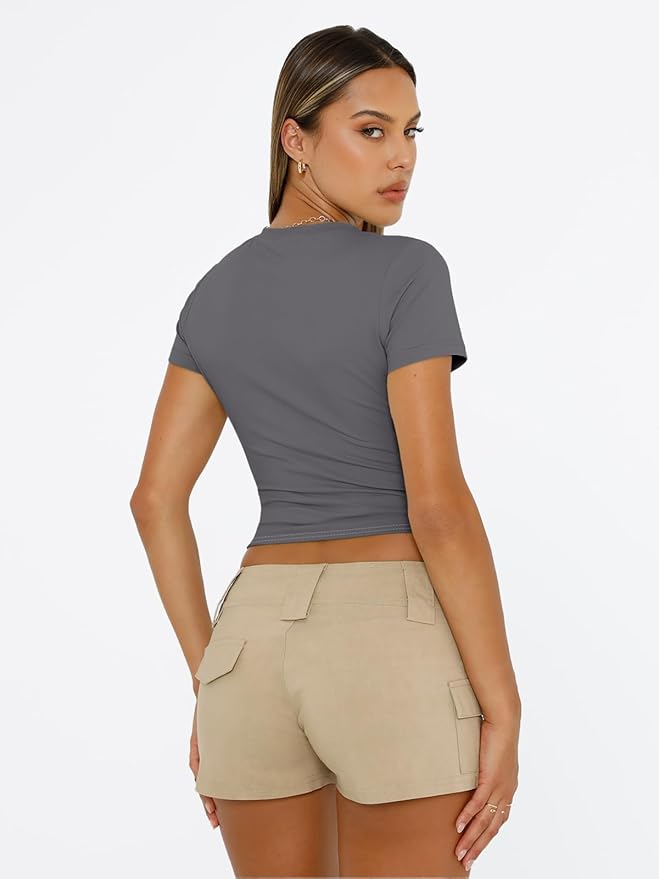 Trendy Queen Womens Short Sleeve T Shirts - Buttery Soft Summer Crop Tops Slim Fit Y2k Basic Tees for Workout