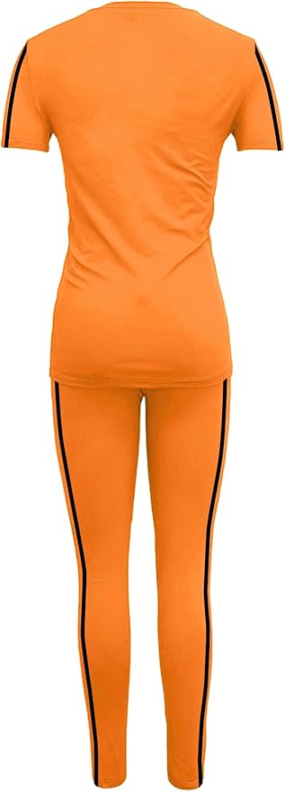 Women's 2 Piece Outfits Sweatsuit Summer Workout Striped Short Sleeve Long Sweatpants Casual Jogging Lounge Set