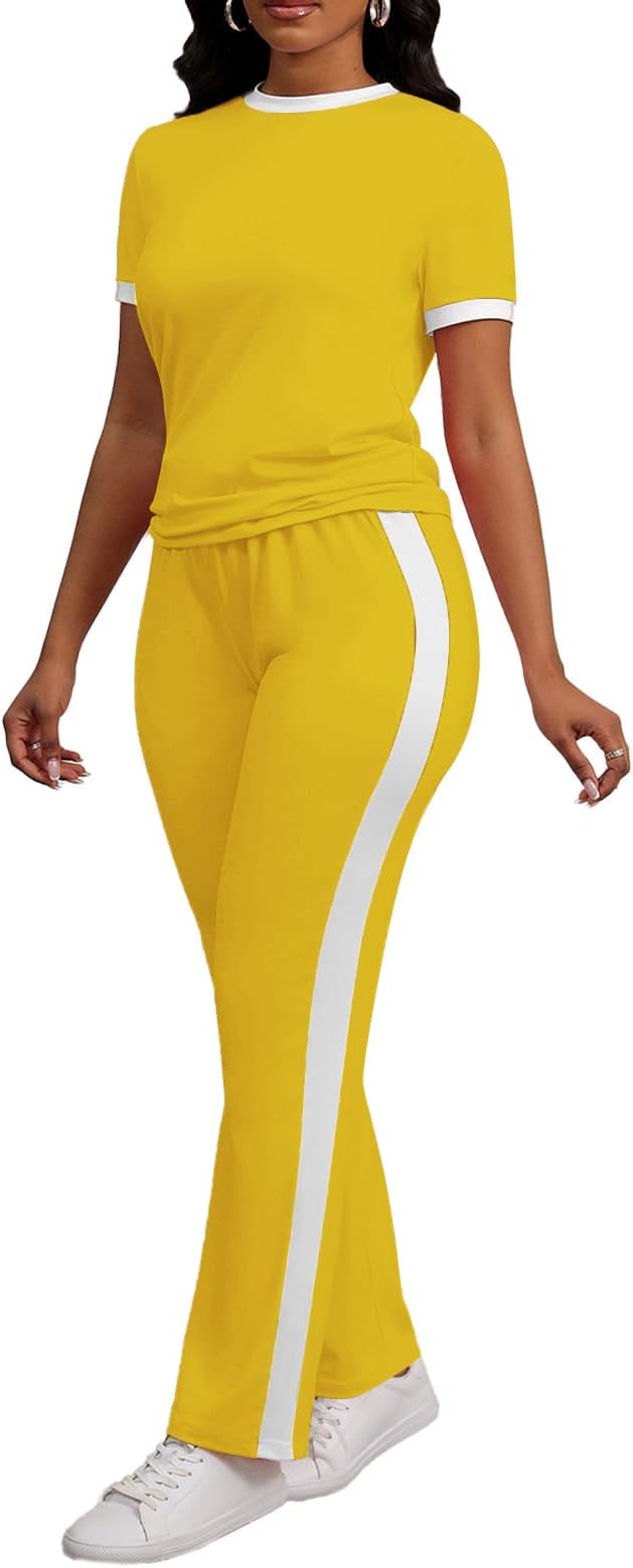 PINSV Women's 2 Piece Outfits Short Sleeve Tops Sweatpants Colorblock Bodycon Lounge Sets Tracksuit