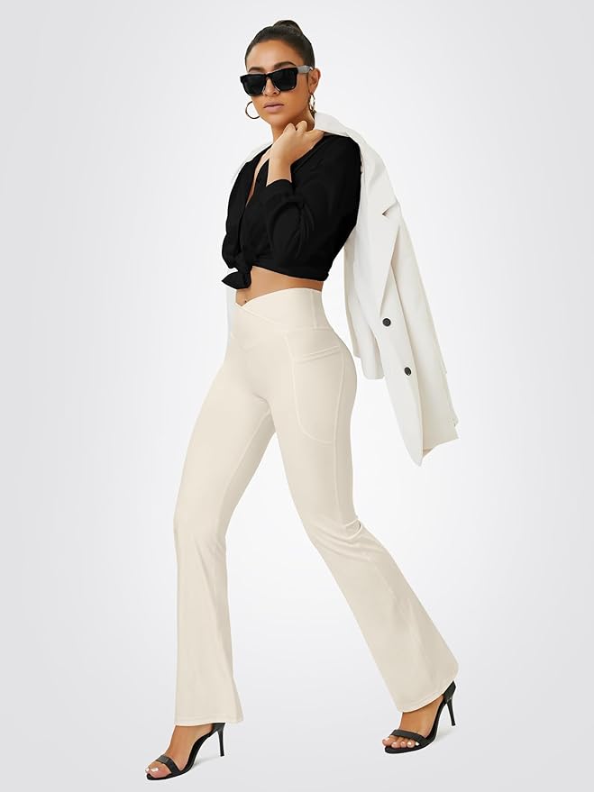 FOHOFO Yoga Pants Women, Flare Leggings for Women with Pockets Crossover High Waisted Bootcut Yoga Pants