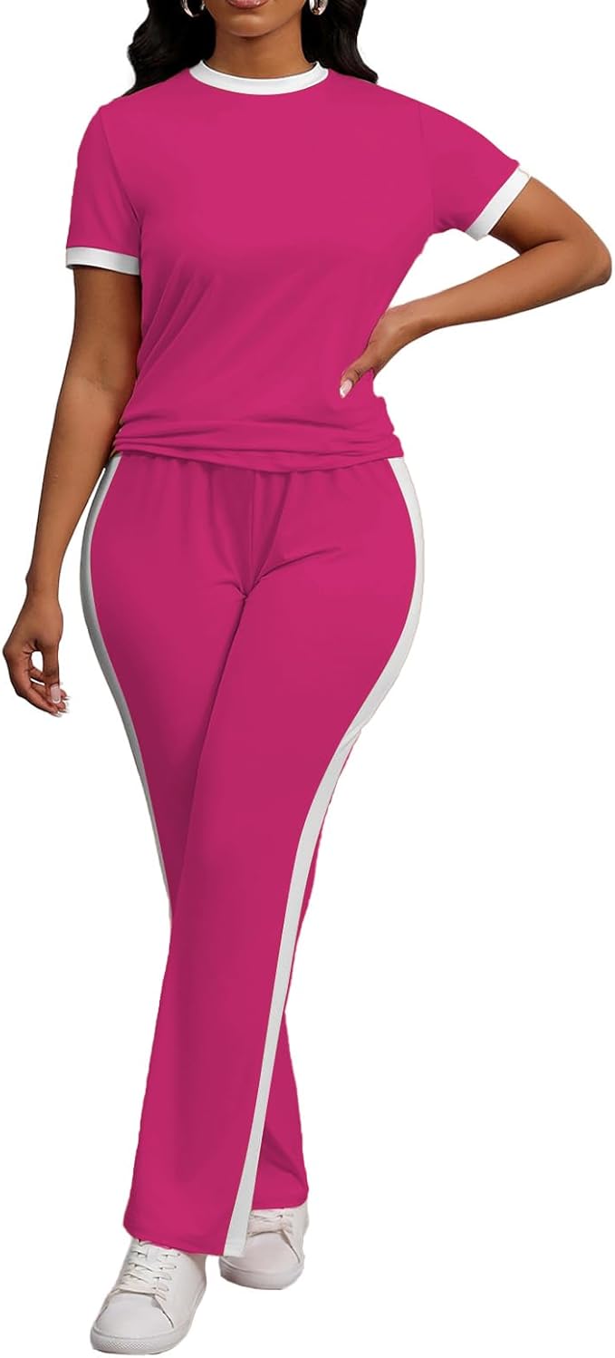 PINSV Women's 2 Piece Outfits Short Sleeve Tops Sweatpants Colorblock Bodycon Lounge Sets Tracksuit