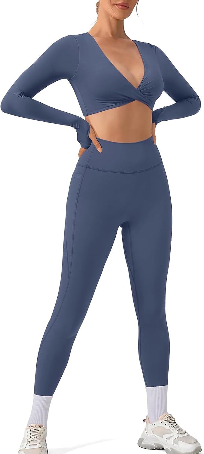 SUUKSESS Women 2 Piece Workout Sets Long Sleeve Twist Deep V Crop Padded Tops Yoga Leggings with Side Pockets