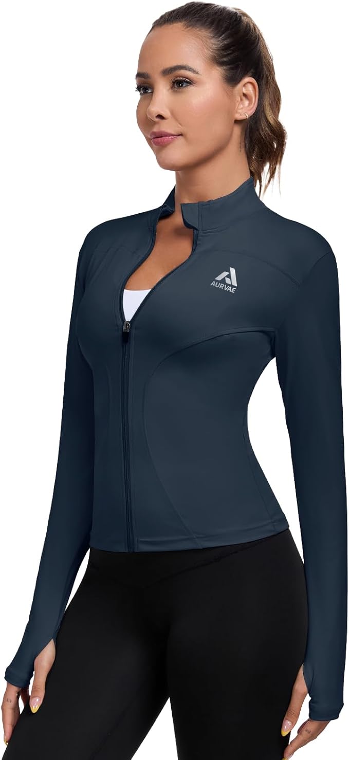 Women's Full Zip Workout Jacket Lightweight Running Slim Fit Athletic Jackets With Thumb Holes