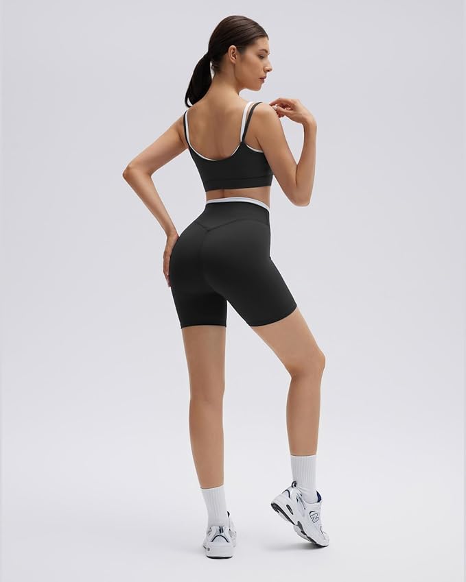 SUUKSESS Women 2 Pieces Workout Sets Padded Spaghetti Straps Camis High Waist Biker Shorts