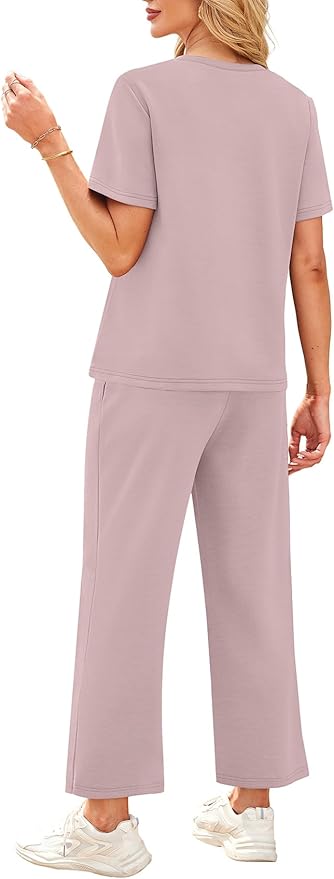 WIHOLL 2 Piece Sets for Women Casual Summer Travel Vacation Outfits Short Sleeve Wide Leg Crop Pants Lounge Sets