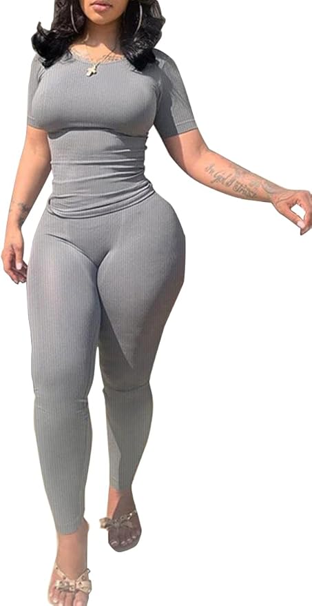 PINSV 2 Piece Sets for Women Summer Casual Jogger Workout Outfits Fitted Crew Neck T-shirt High Waist Legging Sets