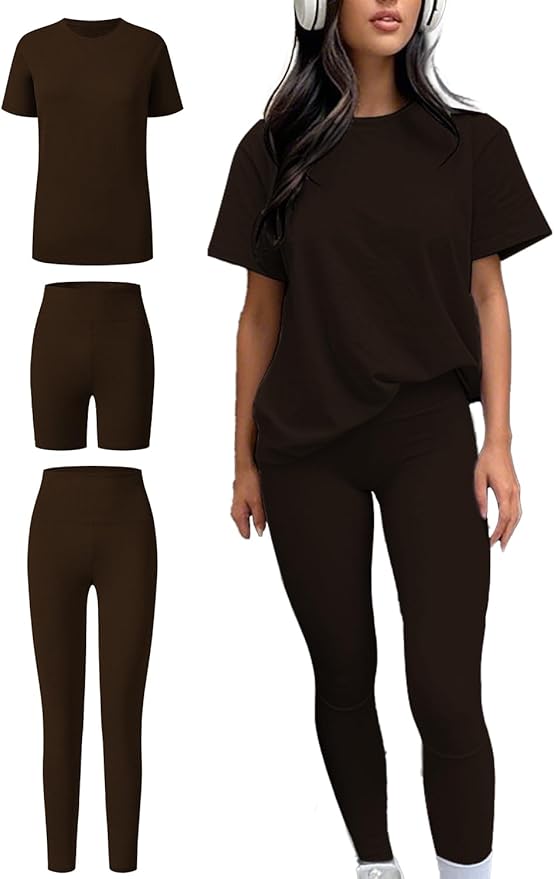ZFLM casual sportswear 3-piece set high waist tight pants yoga pants short sleeved round neck yoga set