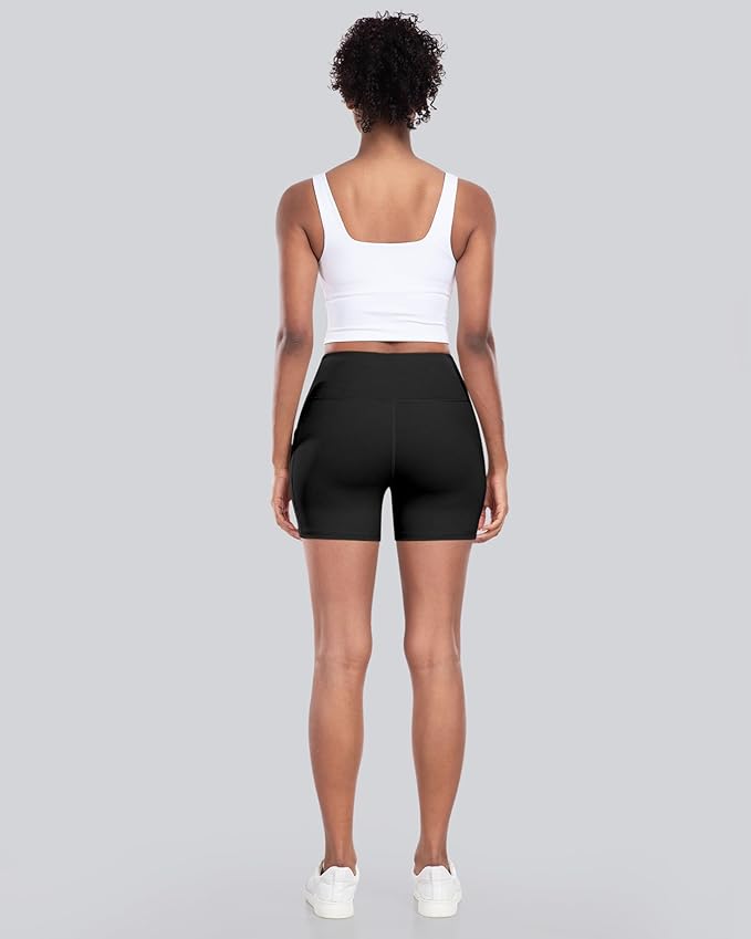 CHRLEISURE Womens Biker Yoga Shorts with Pocket, High Waisted Tummy Control 5 Inch Workout Spandex Athletic Gym Shorts