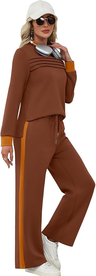 WIHOLL Two Piece Sets for Women Spring Travel Vacation Outfits 2026 Long Sleeve Lounge Sets Side Slit Wide Leg Pants S-3XL