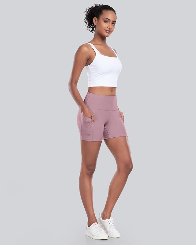 CHRLEISURE Womens Biker Yoga Shorts with Pocket, High Waisted Tummy Control 5 Inch Workout Spandex Athletic Gym Shorts