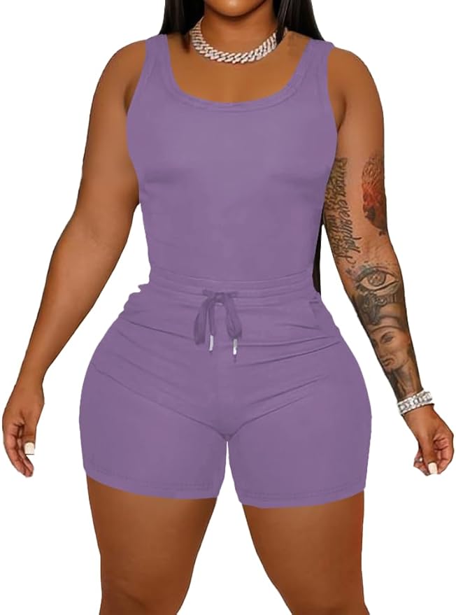 HBQ Women 2 Piece Outfits Sleeveless Tank Tops Biker Short Workout Jogger Sets Summer