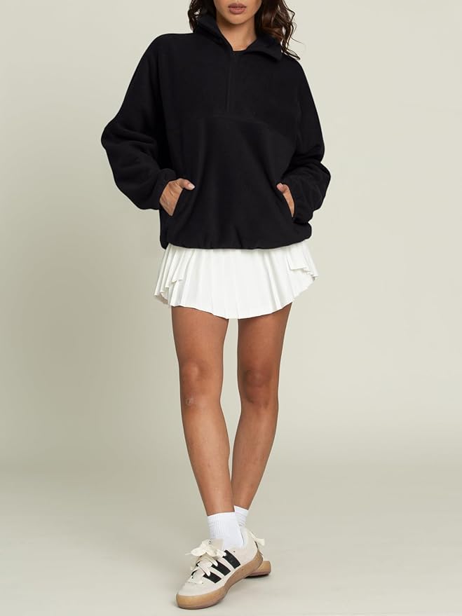 LASLULU Womens Half Zip Pullover Sweatshirt Sherpa Fleece Jacket Oversized Sweatshirts Warm Fuzzy Sweaters Pockets