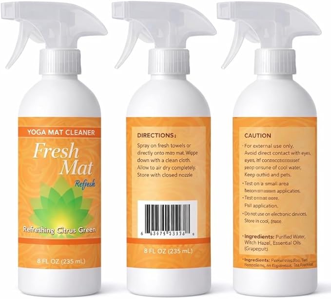 Fresh Mat Yoga Mat Cleaner Spray - Natural Deodorizing Cleaner for Yoga Mats & Fitness Equipment - No-Rinse, Residue-Free Formula with Witch Hazel & Essential Oil, Refreshing Citrus Ginger (24 fl oz).