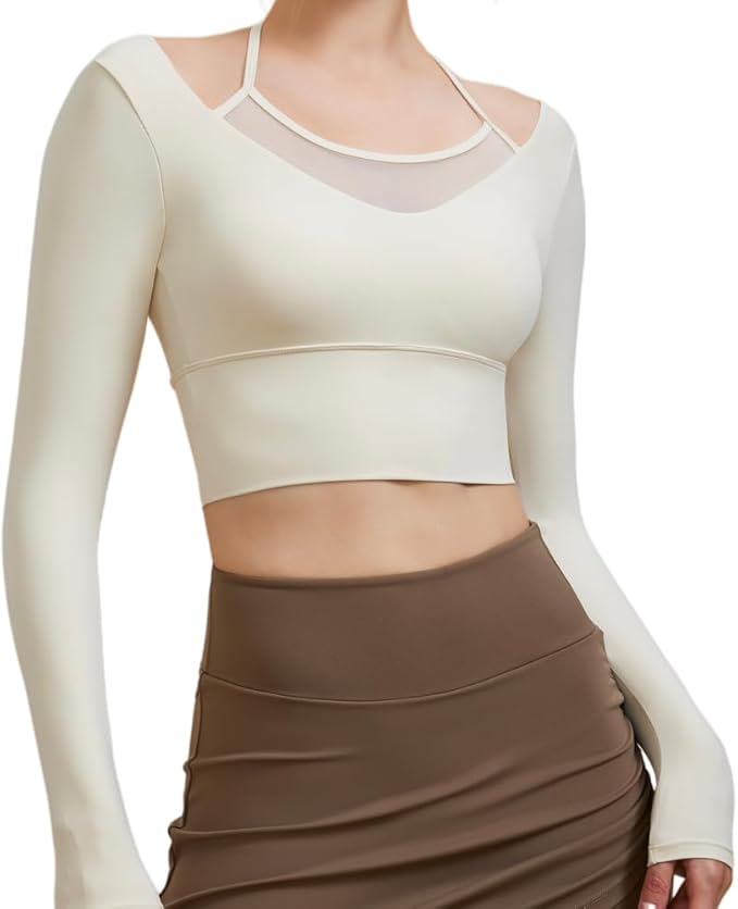 Harssidanzar Women's Yoga Workout Tops 2 in 1 Sports Bra for Gym Athletic Casual Long Sleeve CL312US
