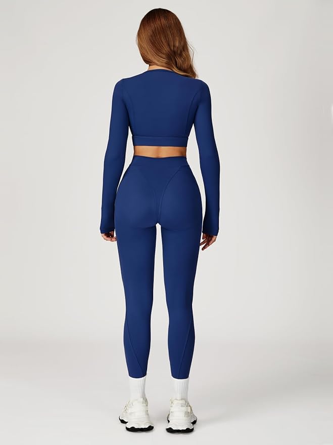 Women’s 2 Piece Workout Set Long Sleeve Crop Top & High Waist Leggings | Stretch Activewear for Gym & Yoga