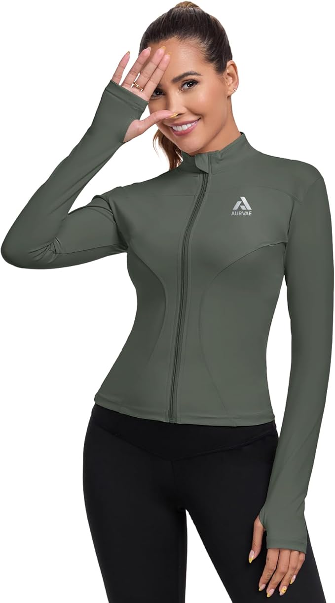 Women's Full Zip Workout Jacket Lightweight Running Slim Fit Athletic Jackets With Thumb Holes