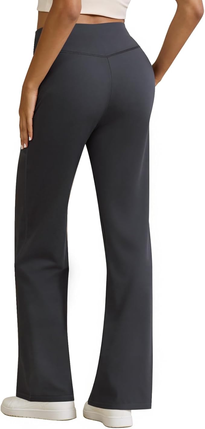 Womens High Waist Yoga Pants Stretchy Casual Trousers Straight Leg Pull On Side Pockets