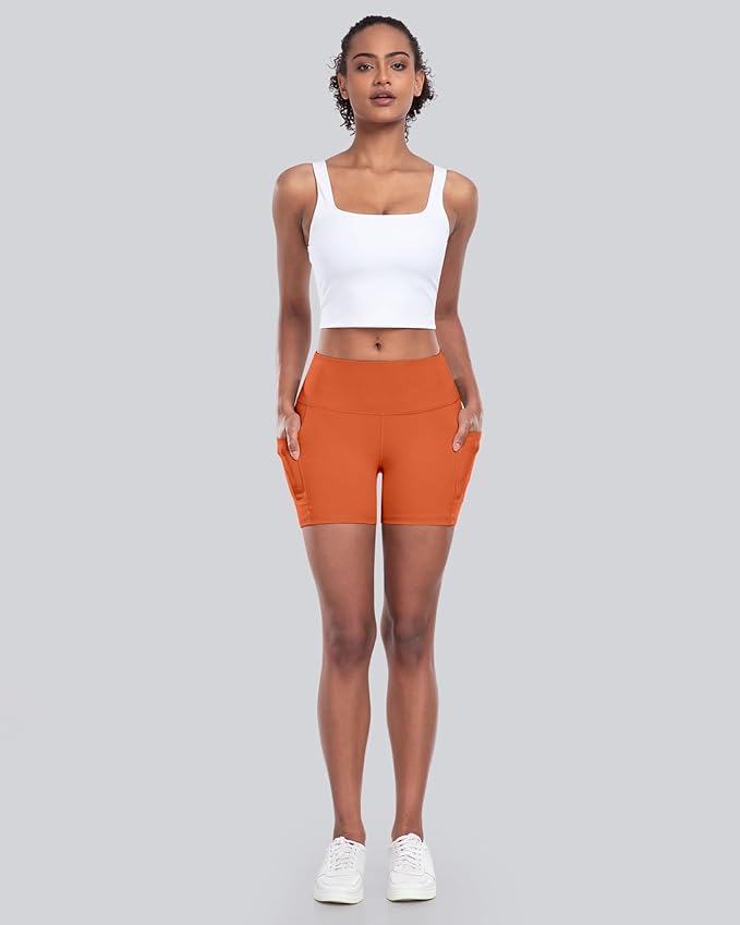 CHRLEISURE Womens Biker Yoga Shorts with Pocket, High Waisted Tummy Control 5 Inch Workout Spandex Athletic Gym Shorts