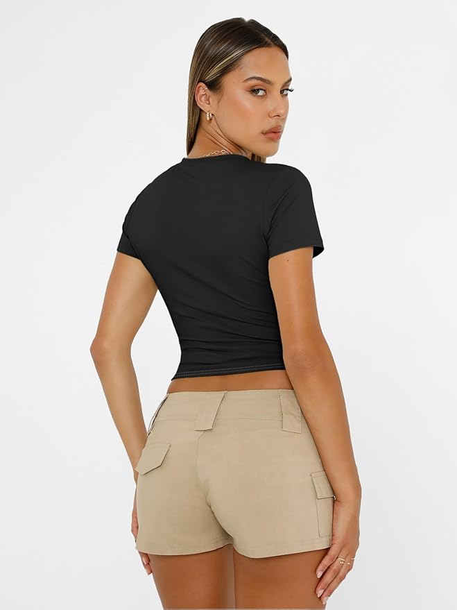 Trendy Queen Womens Short Sleeve T Shirts - Buttery Soft Summer Crop Tops Slim Fit Y2k Basic Tees for Workout
