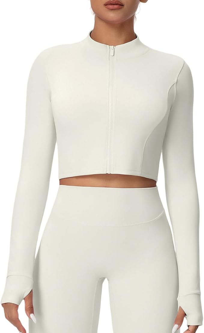 Yknktstc Womens Full Zip Athletic Jacket with Thumbhole Long Sleeve Crop Top Running Workout Yoga Sportswear Shirt