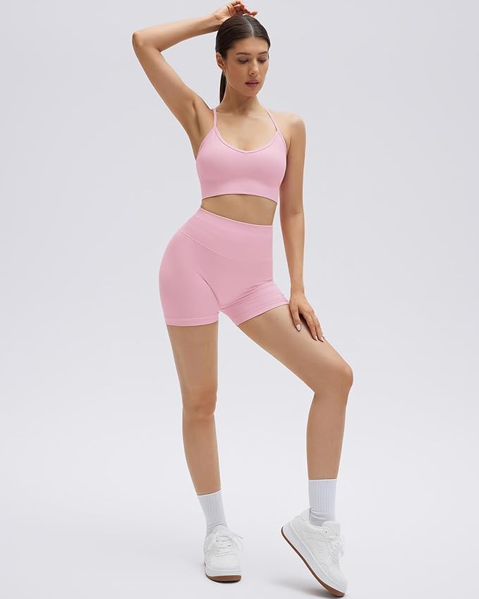 SUUKSESS Women Seamless 2 Piece Workout Sets Criss Cross Sports Bra High Waist Booty Shorts