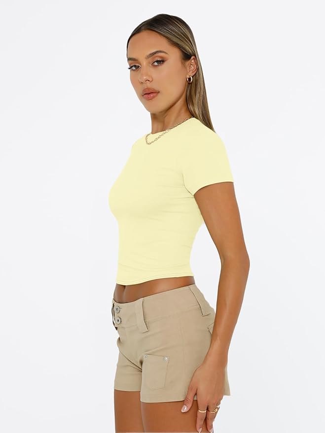 Trendy Queen Womens Short Sleeve T Shirts - Buttery Soft Summer Crop Tops Slim Fit Y2k Basic Tees for Workout