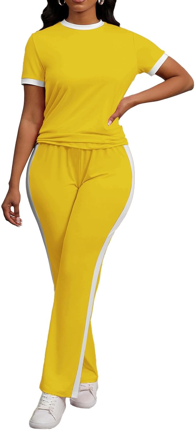 PINSV Women's 2 Piece Outfits Short Sleeve Tops Sweatpants Colorblock Bodycon Lounge Sets Tracksuit