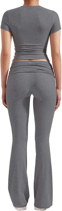 ZFLM Casual Workout Two Piece Outfits for Women Short Sleeve Crop High Waist Foldover Flare Pants Tracksuit Sets Streetwear