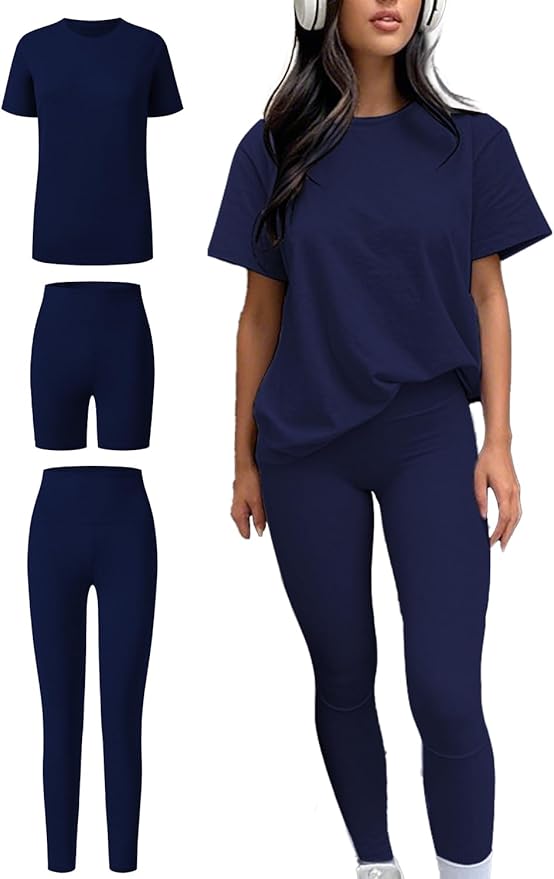 ZFLM casual sportswear 3-piece set high waist tight pants yoga pants short sleeved round neck yoga set