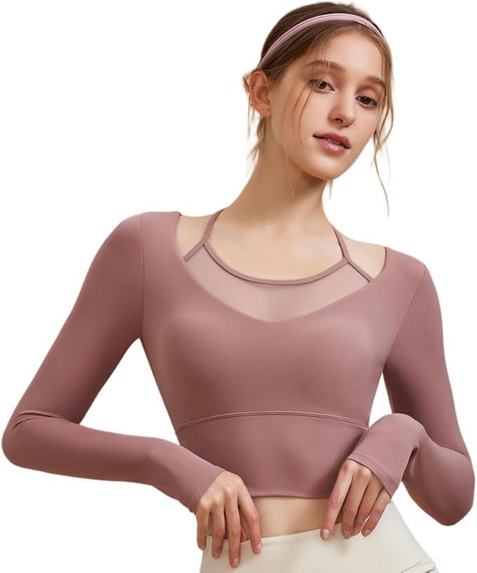 Harssidanzar Women's Yoga Workout Tops 2 in 1 Sports Bra for Gym Athletic Casual Long Sleeve CL312US