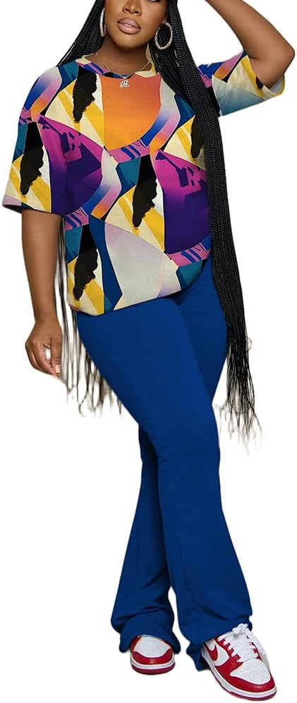 PINSV Women 2 Piece Outfits Short Sleeve Top and Flare Pants Lounge Sets Tracksuit