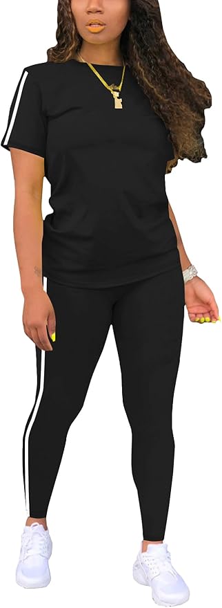 Women's 2 Piece Outfits Sweatsuit Summer Workout Striped Short Sleeve Long Sweatpants Casual Jogging Lounge Set