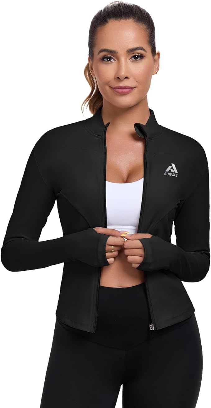 Women's Full Zip Workout Jacket Lightweight Running Slim Fit Athletic Jackets With Thumb Holes