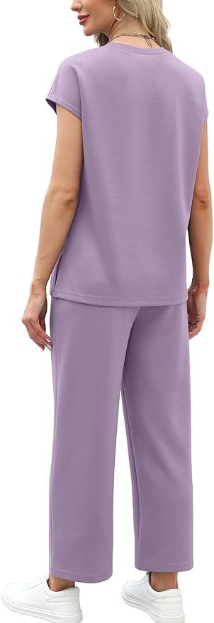 WIHOLL Two Piece Sets for Women Summer Spring Travel Vacation Outfits Cap Sleeve Lounge Matching Sets Wide Leg Pants S-3XL